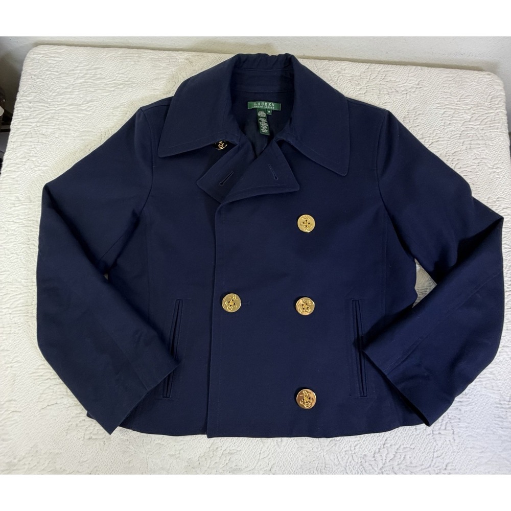Ralph Lauren Crop Blazer‎ Womens M Navy Peacoat Double Breasted Anchor Preppy